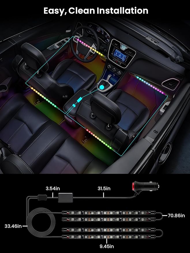 Car LED Lights Interior, 16M Colors APP & CarPlay Control, Music Sync Ambient Lighting Kit, Auto-On/Off,Voltage Protection, Brightness Dimmer 12V DC LED Strip Lights for Car, Truck, SUV