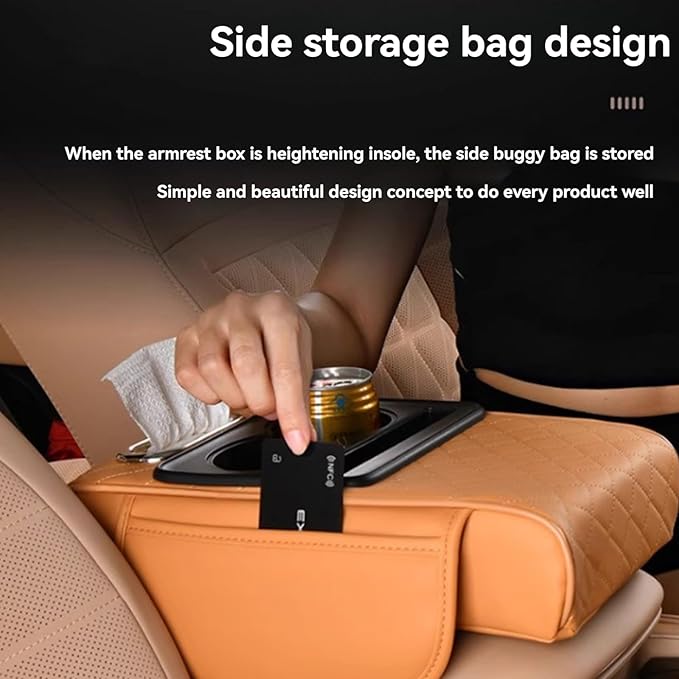 Multifunctional Pu Leather Car Armrest Box Mat, 5-In-1Multifunctional Car Armrest Cushion, Car Arm Rest Cover Pad, Center Console Organizer with Cup Holder, Tissue Box & Phone Slot (Black)