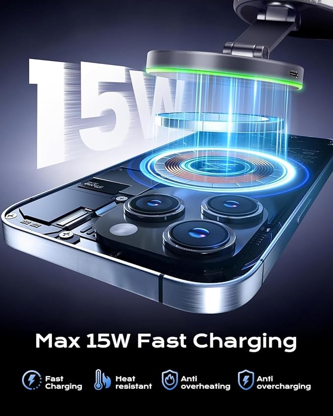 Trendwave Car Mount Charger 15W Wireless Charger Suction Cup Phone Mount with Breathing RGB Light, 360° Adjustable Vacuum Magnetic Holder for iPhone 17 Pro Max/17 Air/16/15 Plus ā Gray