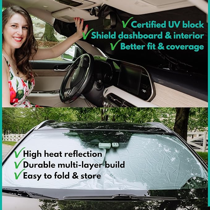 Windshield Sun Shade -Certified 99.87% UVB & 99.02% UVA Car Sun Shade. Award Winning Sunshade - Patented Technology | Compatible for Volvo XC60 (2018-2026) | Car Shades by Kinder Fluff