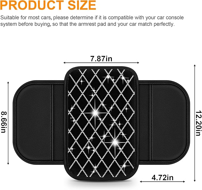 Bling Armrest Cover for Car Compatible with Jeep Grand Cherokee - Center Console Cover with 2 Storage Pockets and Crystal Diamond(Black)