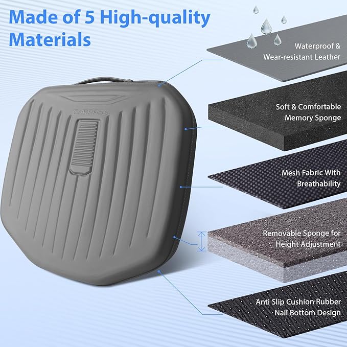 CAR PASS Premium Leather Car Seat Cushion, Comfort Memory Foam Driver Seat Cushion for Long Driving, Waterproof Non-Slip Seat Cushions for Cars, Truck, SUV, Office Chairs, Stadium, Gray 