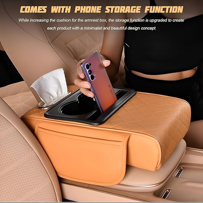 Zpana Car Center Console Armrest Pillow, Memory Foam Leather 4 in 1 Vehicle Arm Rest Cover with Tissue Box 2 Side Storage Bag Cup & Phone Holder, Auto Armrest Cushion, Universal Fit (Beige)