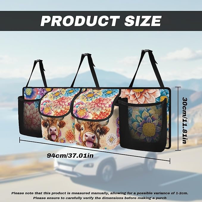 Highland Cow Print Car Trunk Organizer Hanging Car Organizer Back Seat, Hippie Flower Oxford Cloth Seat Back Storage Bag, Will Provide More Space for SUV, Trucks, Van, Sedan