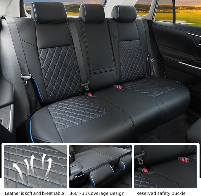 Lolcar RAV4 Seat Covers Custom Fit for Toyota RAV4 2019 2020 2021 2022 2023 2024 2025 LE,XLE,XLE Premium,Limited,Airbag Compatible,Seat Cover Full Set for SUV, Leather( Black with Blue Trim)