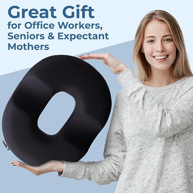 5 STARS UNITED Donut Pillow Hemorrhoid Tailbone Cushion ā Large Floor Cushion for Pain Relief ā Coccyx, Prostate, Sciatica, Pelvic Floor, Pressure Sores, Pregnancy, Postpartum Recovery, Black