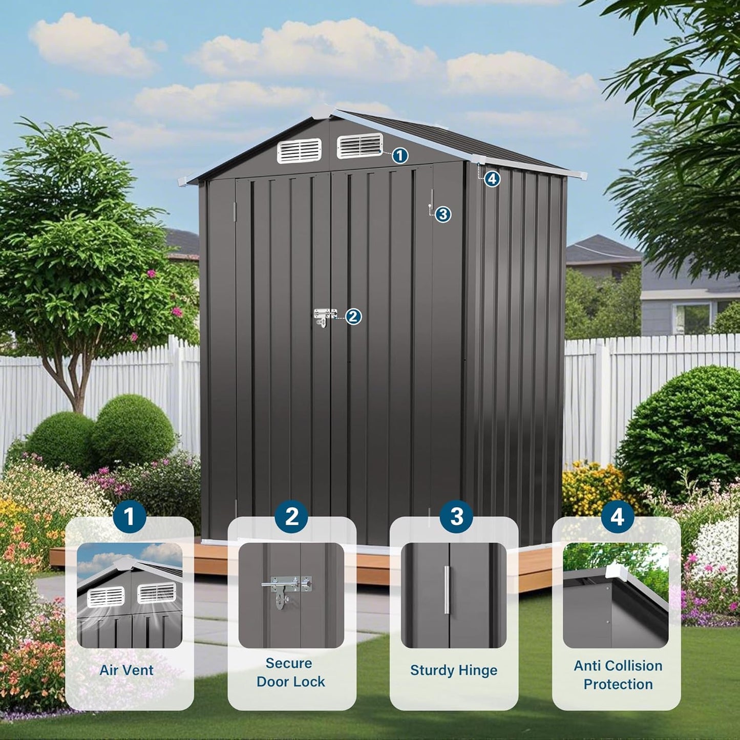 5X3 FT Metal Outdoor Storage Shed, Waterproof Tool House with Peaked Roof and Lockable Door, Weather-Resistant Garden Sheds for Backyard, Patio, Sundries and Bike Storage, Gray