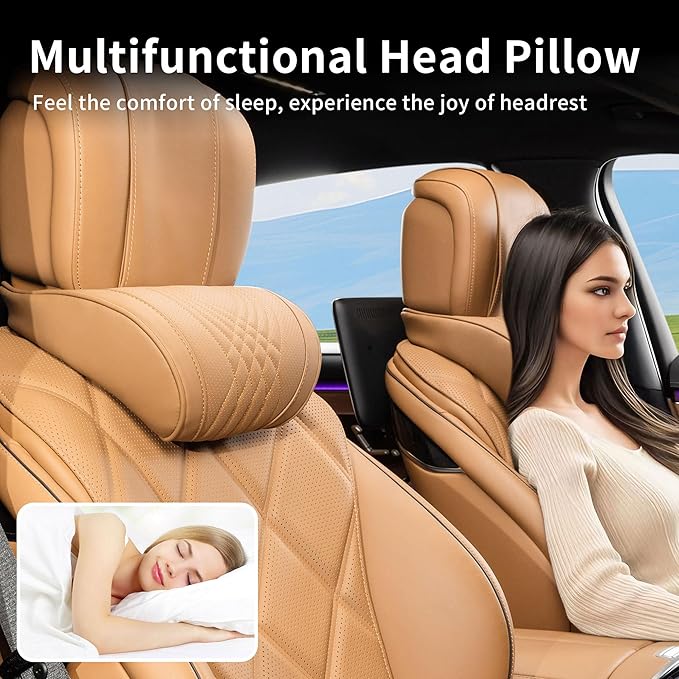 Car Headrest Memory Foam Neck Pillow for Driving with Leather Cover Soft Comfortable Seat Head Pillow Cushion for Most Cars SUV Sedan Home Office Palomino Brown (1PC)