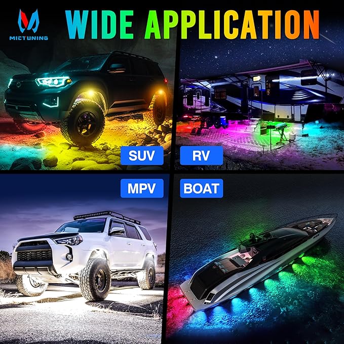 MICTUNING C2+ RGB+IC Rock Lights - 8 Pods Dynamic Chasing Color Underglow Neon Kit, Extensible to 24 Pods, Bluetooth APP Control & IP68 Waterproof, for Trucks Cars ATV UTV Golf Cart (2 Year Warranty)