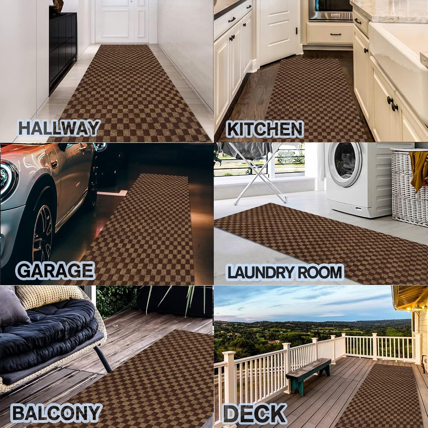 Custom Size Backed Non-Slip Area Rugs Runner, Easy Clean, Waterproof Runner Rugs for Hallway Entryway, Kitchen, Laundry, 3FT x 66FT, Brown Checkered