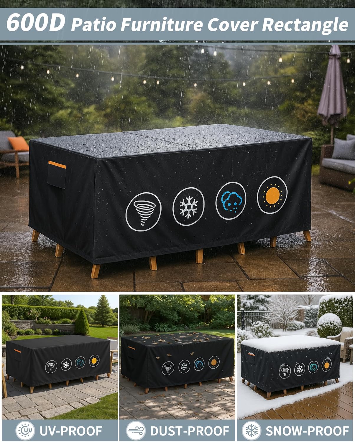 Outdoor Waterproof Furniture Cover, 111W x 74L x 28H inches Heavy Duty 600D Rectangular Table and Chair Set Protection, Black