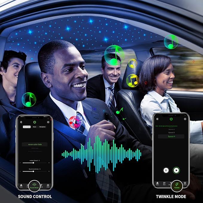 AMKI Updated 16W RGBW Fiber Optic Light Twinkle+Sound Activated Mixed 430pcs 9.8ft Cables APP Remote Music Control Car Home Starlight Headliner Star Ceiling Light Kit 0.03in 0.04in 0.06in Strands