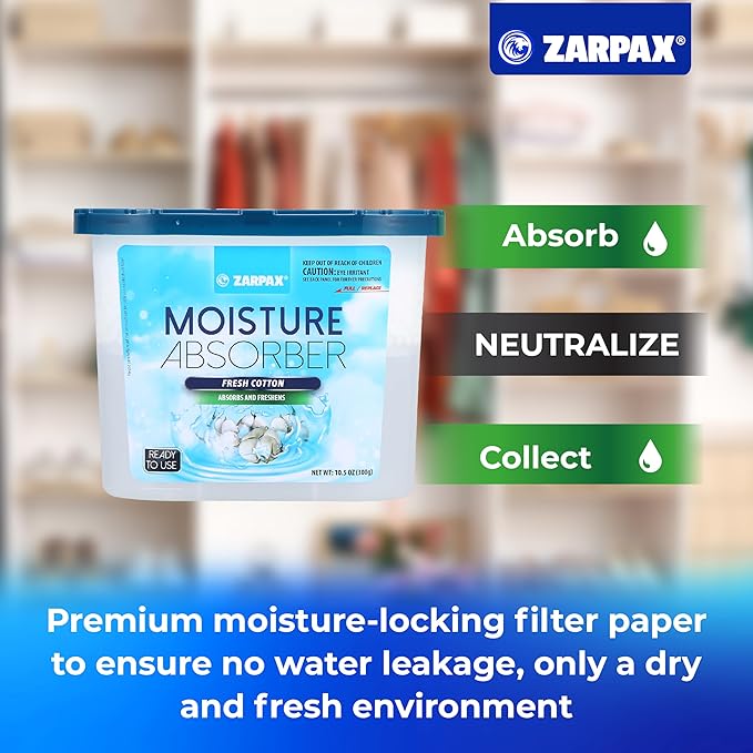 ZARPAX Moisture Absorber Fresh Cotton 10.5 oz/300g | Removes Moisture, Damp & Humidity | Odor Absorber With Fresh Cotton Fragrance | Moisture Trap for Bathroom, Closet, Kitchen | Set of 4