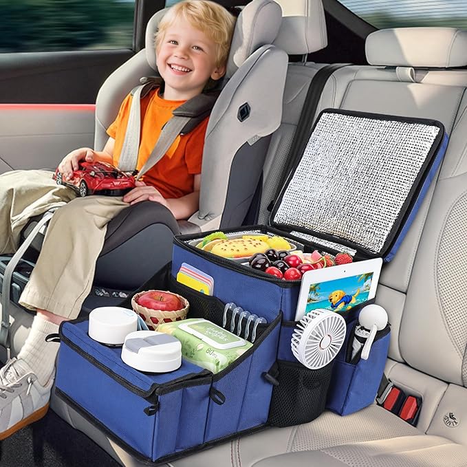 COOLBEBE Car Seat Organizer, Backseat Car Organizer with Cup Holders for Kids and Adults Travel, Cooler Compartment Passenger Seat Organizer Storage Box for Front or Middle Seat, Navy Blue