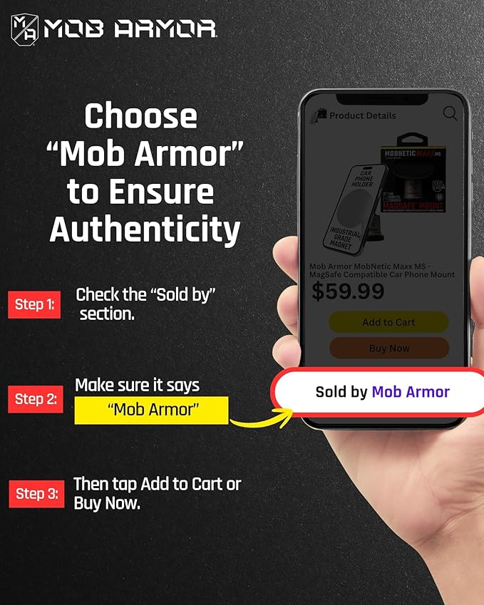 Mob Armor MobNetic Maxx MS - MagSafe Compatible Car Phone Mount w/ 90º Tilt, 360º Rotation & Durable Aluminum Build, Magnetic Holder for iPhone & Android Devices, USA Assembled - Black