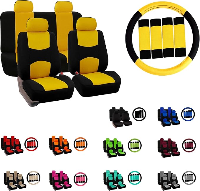FH Group Car Seat Covers Flat Cloth Automotive Burgundy Full Set, Rear Solid Bench Universal Fit Combo Steering Wheel Cover & Seat Belt Pads Car Seat Protector Cars Trucks SUV Interior Accessories