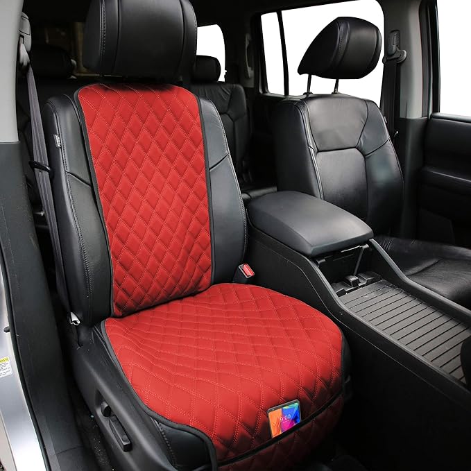 FH Group Car Seat Cushion β Faux Leather Single Front Seat Cover with Front Pockets, Airbag Compatible, Universal Fit Car Seat Cushion for Driver or Passenger Seat, SUV, Truck, Sedan & Van β Red