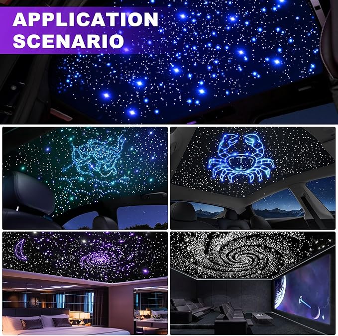 Car Starlight Headliner Kit, Twinkle & Sound Activated RGBW 16W 500pcs*0.02in*9.8ft Fiber Optic Starlight Kit with APP& Remote Controlled, Star Lights for Ceiling Car Roof/Home Theater