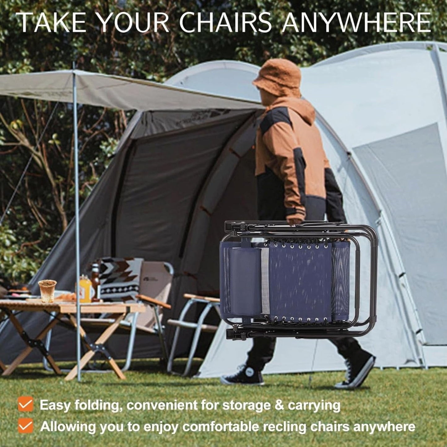 Atilioo Zero Gravity Chairs Set of 2, Adjustable Folding Recliner, Portable Lounge Chair with Steel Frame, Mesh Fabric, Cup Holder Trays & Pillow for Beach, Camping & Patio, Blue