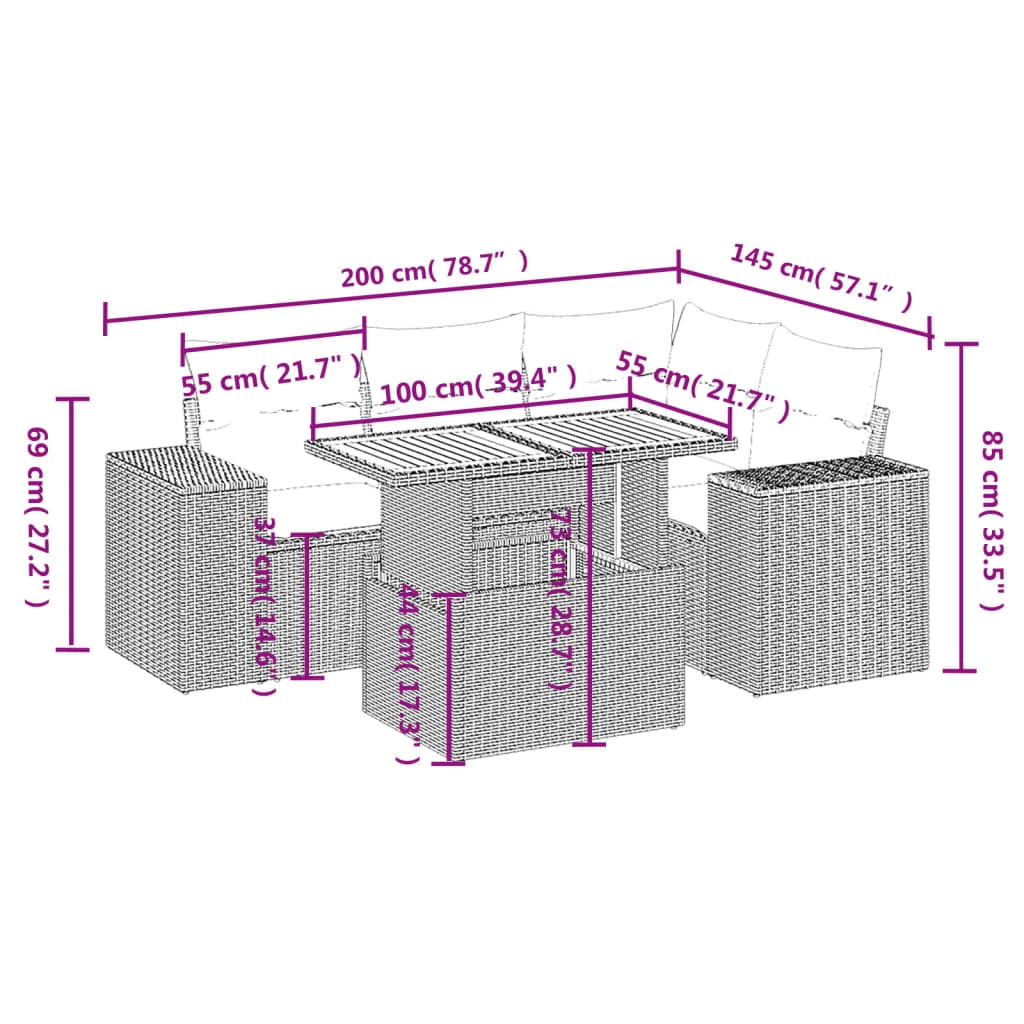 vidaXL Garden Sofa Set Grey PE rattan 78.7 in x 57.1 in x 33.5 in