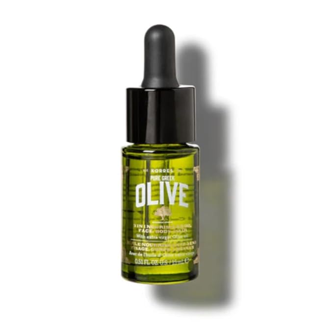 KORRES Mini Pure Greek Olive 3-In-1 Oil for Face, Hair and Body, Lightweight Moisturizer for Dry Skin and Hair, Cold Pressed, Nourishing Antioxidants and Omegas, Multi-Tasker Hydrating Oil, 0.51 fl oz