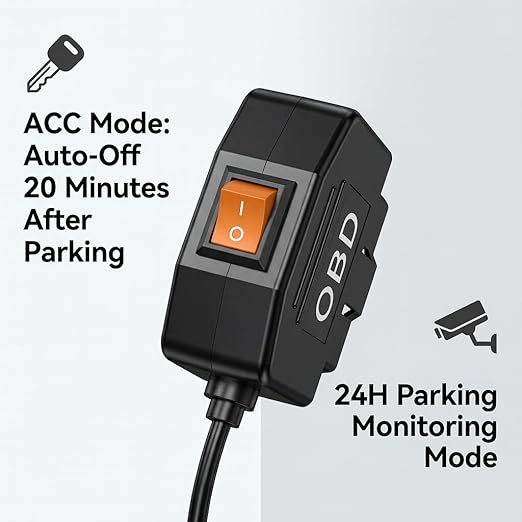 OBD2 Power Cable for Dash Camera, Mini OBD Adapter with 24-Hour Parking Mode, Acc Mode, Low Voltage Protection, 11.48FT Cable for Dash Cams, GPS,DVR and More 2V-36V to 5V/3A Charger