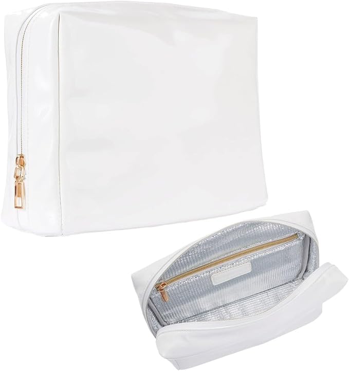 Stay Golden Insulated Waterproof Makeup Bag for Women Heat-Resistant Travel Cosmetic & Toiletry Bag | Luxurious Vegan Leather Portable Makeup Organizer (White with Gold Zipper, Medium)