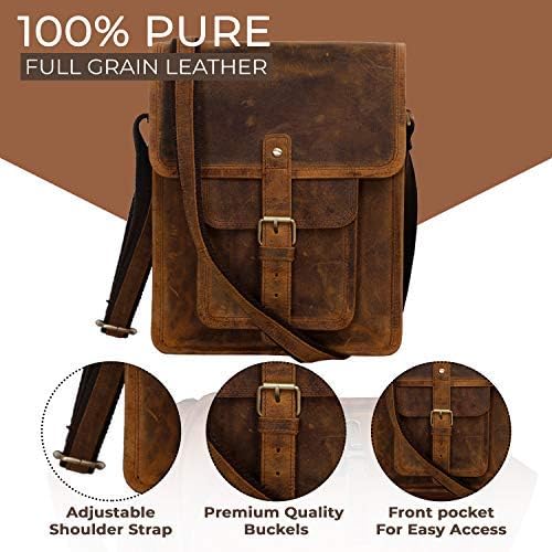 Leather crossbody bag messenger satchel tablet bag 11 inch for men and women (Distressed Tan Pocket)