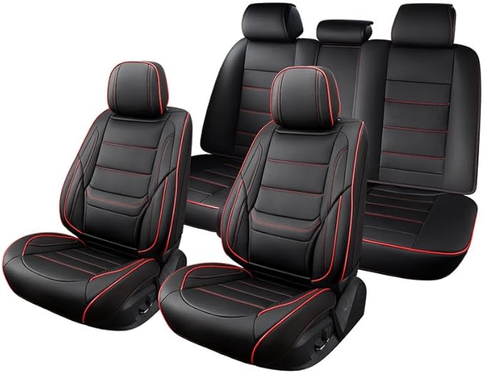 Car Seat Covers Full Set Custom Fit for Ford Escape 2001-2025 2026-Luxury Leather with Lumbar Support, Breathable, Waterproof, Anti-Slip, Durable, Easy to Install (Black&Red,Full Set)