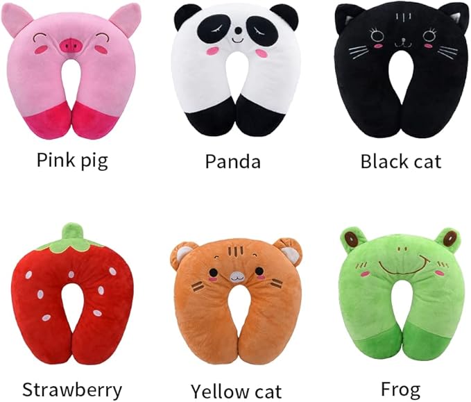 Travel Pillow for Kids, Cute Animal Neck Pillow Support U Shaped Cushion Plush Soft Rest Reading Pillows Sleeping Pillows for Airplane Train Car (Color:Black cat)