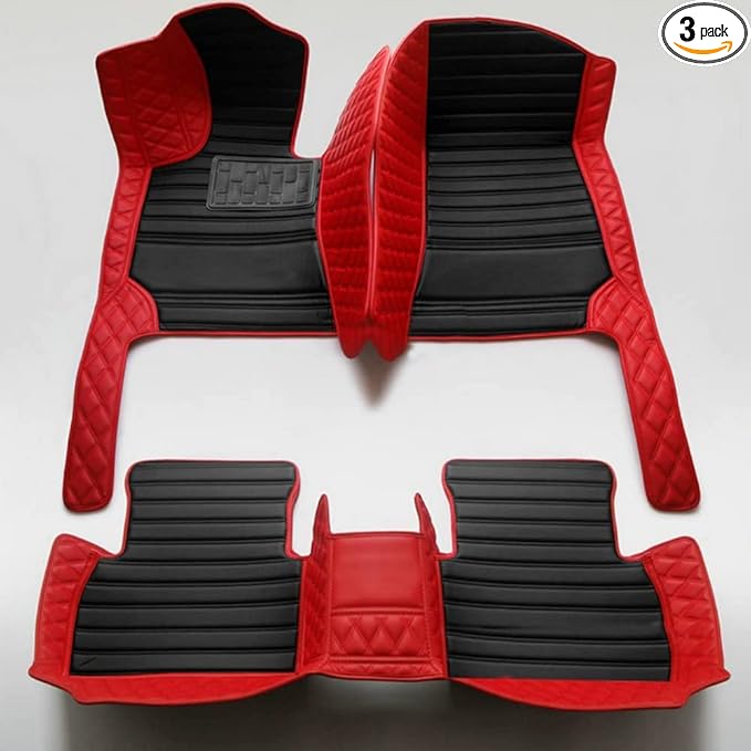 KaiLaiCarCustom Automotive Car Floor Mats for 99.99% Sedan SUV Sports Car Men Women Protection Full Coverage Pads Anti-Slip Leather Floor Lining (Red Diamond + Black Strip, D- Diamond + Strip)