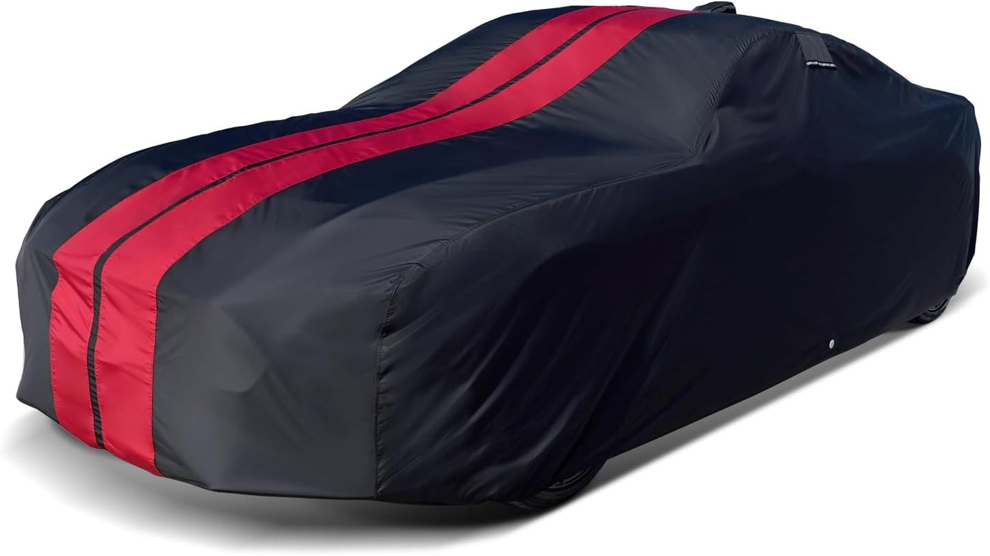iCarCover Custom Car Cover for Pontiac Parisienne 4-Door (1971-1976) Waterproof All-Weather Rain Snow UV Sun Protector Full Exterior Indoor Outdoor Car Cover (Stripe - Black/Red)