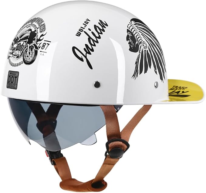 Vintage Retro Open Face Motorcycle Helmet Baseball Cap Half Helmets with pull-down Lens for Men Women Moped Cap Jet Scooter Street Cruiser - DOT Certified (Indian-White,Medium)