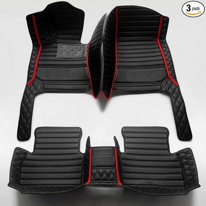 KaiLaiCarCustom Automotive Car Floor Mats for 99.99% Sedan SUV Sports Car Men Women Protection Full Coverage Pads Anti-Slip Leather Floor Lining (Black + red bar, E- Diamond + Strip +Color Bars)