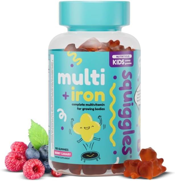 Squiggles Sniffle Berries (100 Count) + Multivitamin Iron Gummies (100 Count) - Low Sugar Gummy Vitamins with Iron Supplements for Kids & Kids - Bundle