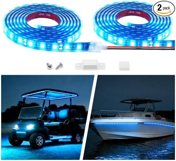 12V Marine Boat LED Light Strip Super Bright, 2 Pack 6.56FT IP68 Fully Waterproof RV Front Cap Lights, Golf Cart Underglow Roof Lights Strip for Truck ATV UTV SUV Car Pickup Trailer, Cuttable, Blue
