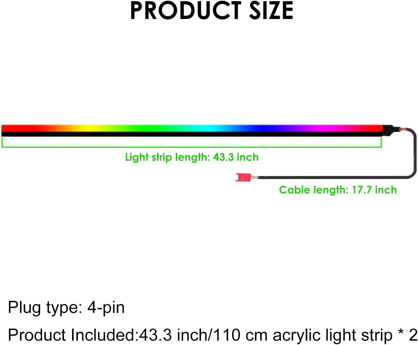 Dreamcolor Acrylic Interior Car Lights, 2 Piece 43.3inch/110cm 128 Colorful Car LED Strip Light RGB Fiber Optic Rainbow Ambient Lighting bar, Universal Decoration Dynamic Atmosphere Neon Lights