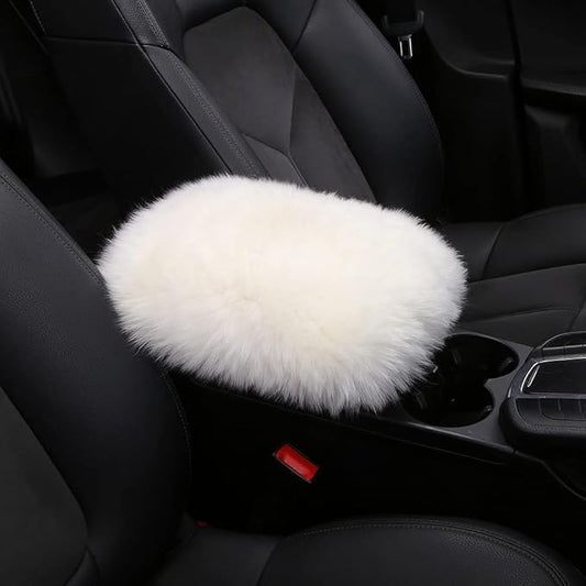 LLB Auto Center Console Cover Pad Universal Fit for SUV/Truck/Car, Genuine Sheepskin Wool Fur Car Armrest Seat Box Cover, Furry Fluffy Auto Armrest Cover Protector (White)