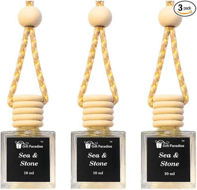 Sea & Stone Car Air Freshener Set of 3 (10 ml Each) | Hanging Diffuser with Velvet Gift Bag | Fresh Ocean Breeze & Earthy Mineral Aroma by Gift Paradise – Premium Fragrance for Car, Home & Office