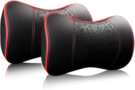 Car Leather Neck Pillows, Neck Rest Cushions,100% Memory Foam Cervical Support, Comfortable Travel car Seats and Home Office Soft Pillows, Red a Set (2 pcs)