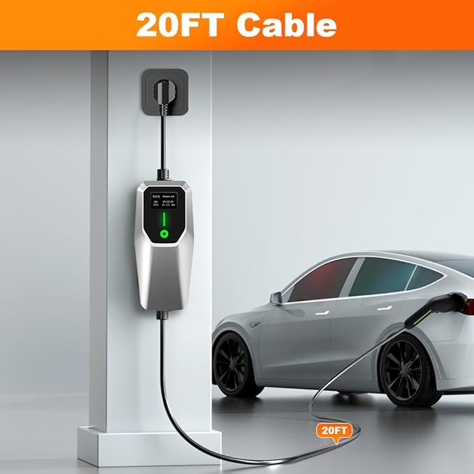 Junsun Level 1&2 EV Charger 32Amp 110V-240V with 20FT Cable, Portable Home Charger NEMA 14-50 5-15 Plug for All SAE J1772 Electric Cars