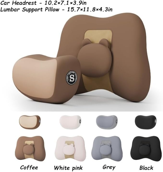 Car Lumbar Support and Neck Pillow for Driving Seat, Memory Foam Car Back Support Pillow & Headrest for Improve Posture, Driver Back Neck Sciatica Pain Relief Cushion (Black)