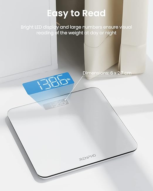 RENPHO Digital Bathroom Scale, Highly Accurate Core 1S Body Weight Scale with Lighted LED Display, Round Corner Design(11"/280mm, White)