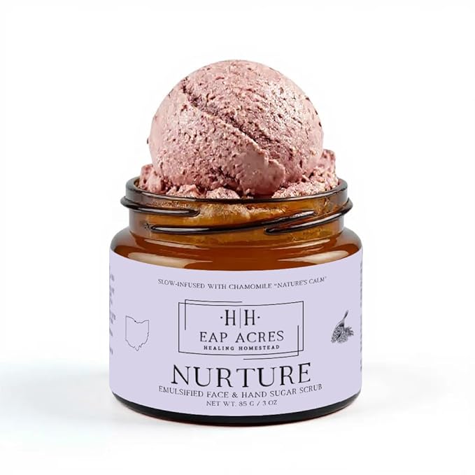 Emulsified Face Sugar Scrub, Organic squalane oil/Castor oil: infused Chamomile, Kokum Butter, Purple Clay, Colloidal Oatmeal, Manuka Honey-Gentle exfoliant: Dry/Sensitive/Acne-Prone (NURTURE)