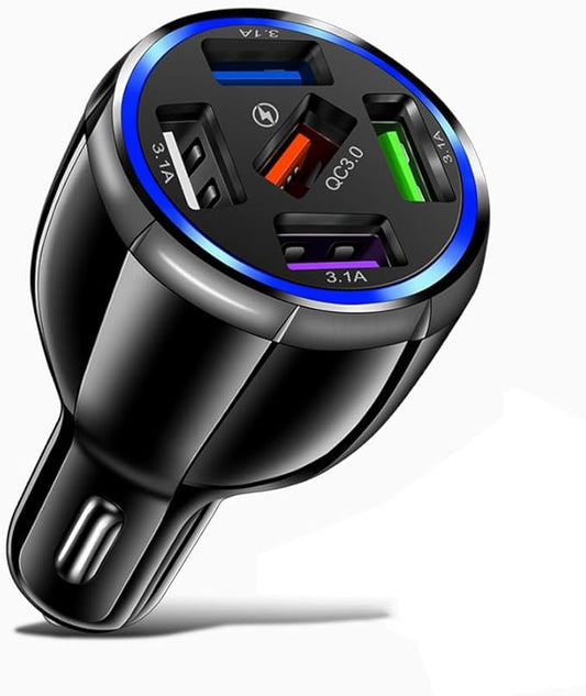 Car Charger Adapter, 5 Port QC3.0 Fast Charging Car Cigarette Lighter USB Charger, Compatible with iPhone, Android, Samsung, iPad Pro, and More (Black)