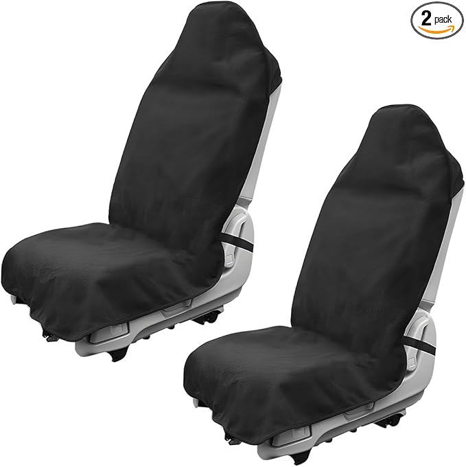 2PCS Car Towel Seat Cover, Waterproof Sweating Non-Slip Premium Soft Towel Carseat Protector, Universal Machine Washable Car Truck SUV Front Seat Cover for Gym Workout Beach Hiking (Black)