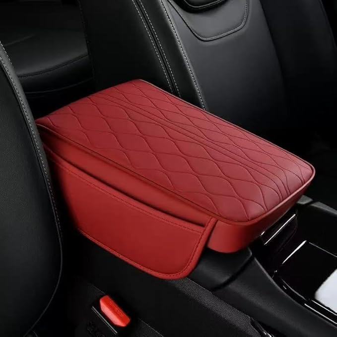 Center Console Armrest Cover Compatible with Dodge Ram 2500 2012-2024 Leather Car Armrest Cushion Pad Protector Black Interior Accessories,Red