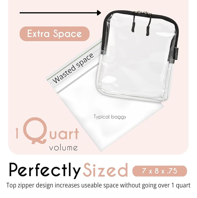 BORSALI TSA Approved Toiletry Bag - Clear Quart Size for 3-1-1 LIquids for Carry On Travel - Toiletries Organizer - Cosmetic Pouch with Zipper - Travel Accessories - 2 Pack