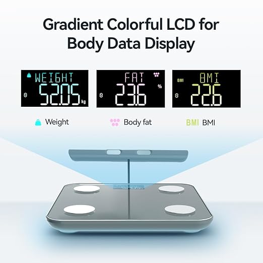 Fitdays Smart Body Fat Scale | Advanced 8-Electrode Technology for BMI/20+ Body Metrics | Full-Color LED & High Precision | Bathroom Weight Scale for Fitness/Weight Loss |(FG2211LB-GREY)