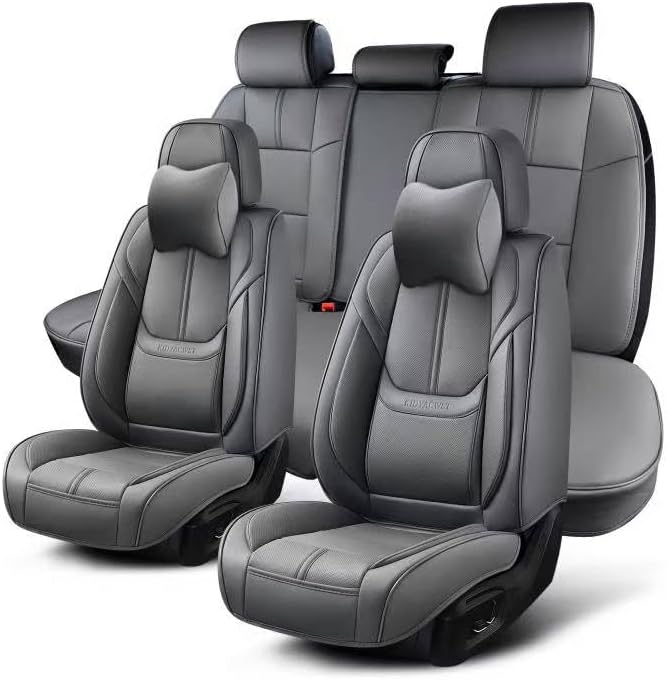 Auto Car Seat Covers Accessories Full Set Leather Cushion Protector Breathable Waterproof Seat Cover for Cars Universal Fit (Grey, Front Pair and Rear)